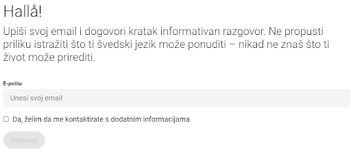 Polje za email adresu za prijavu na Zrinkin tečaj švedskog jezika
